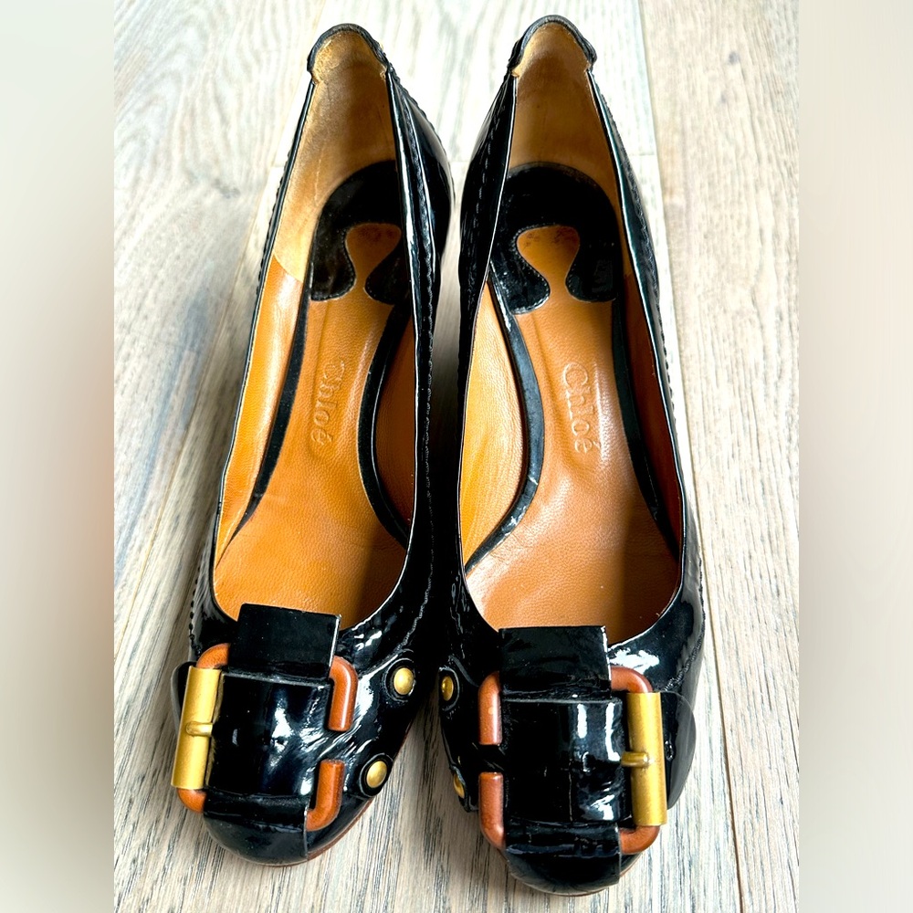 Chloé Leather Pumps, lacquered, black, leather, wedge heel